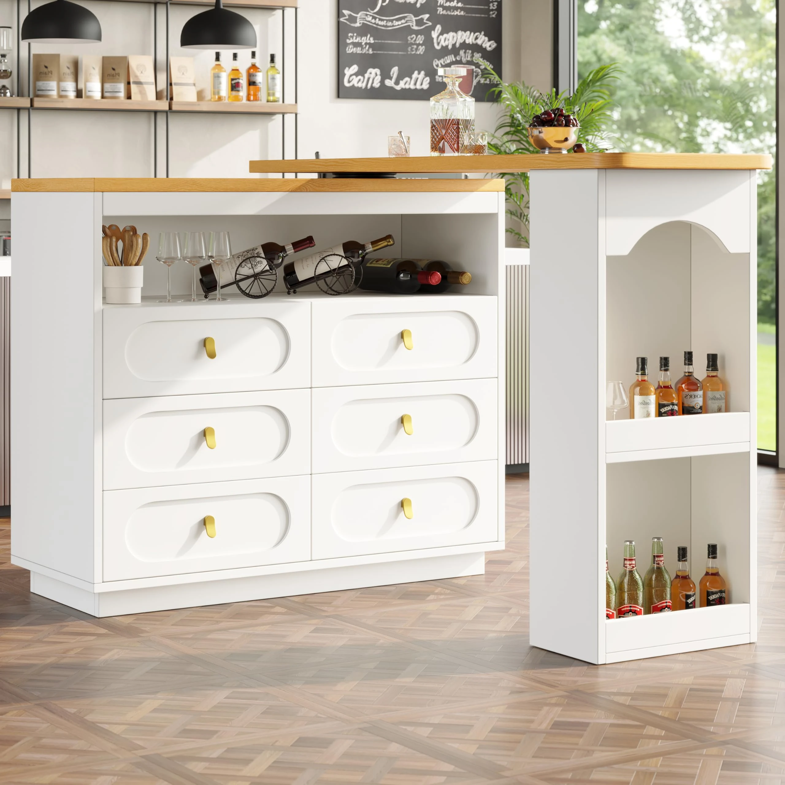 FammyLoft 360° Swivelling Bar Table with 2 Levels of Open Storage Space, Rotating Kitchen Bar with Spice Rack and 6 Drawers, Modern Dining Table with Storage for Dining Room/Living Room, White