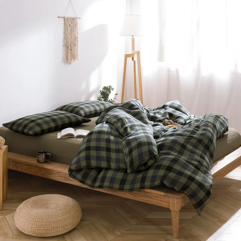 VM VOUGEMARKET Green Navy Plaid Duvet Cover King Muslin Cotton Bedding Set Soft Breathable Linen Like Gauze Comforter Cover with Zipper Closure for Adults-3 Pieces,104"x90"