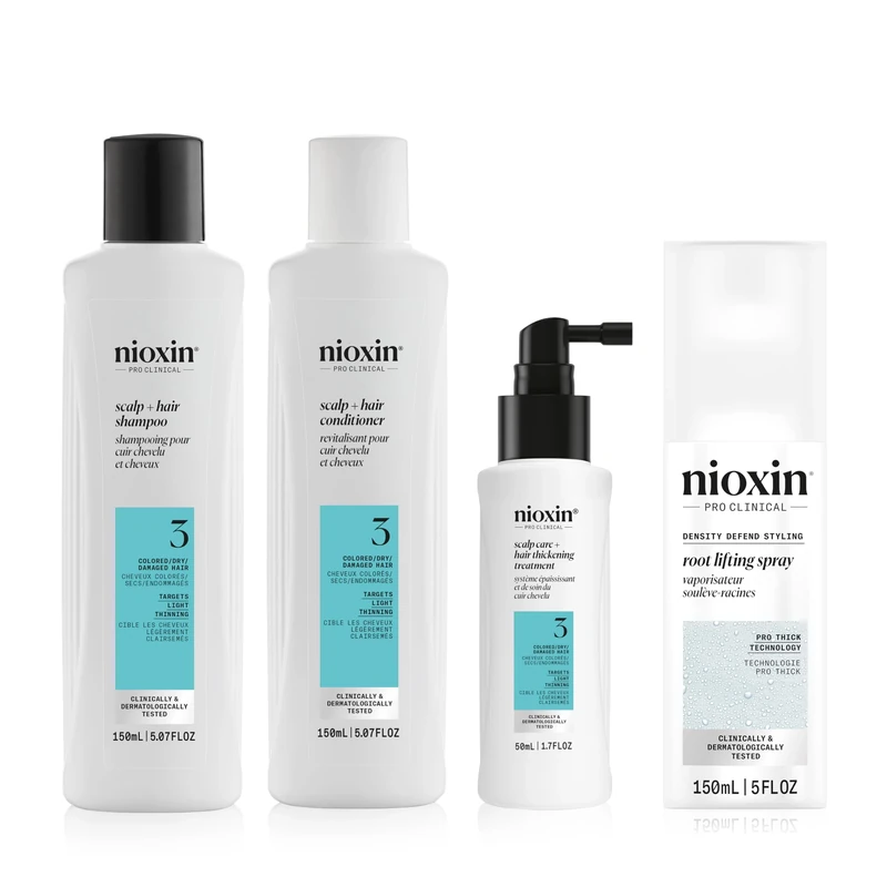 Nioxin Hair Thickening & Volumising Bundle – System 3 Shampoo, Conditioner & Scalp Treatment + Density Defend Hair Spray with Peppermint Oil for Coloured Hair with Light Thinning (150+150+50ml+150ml)