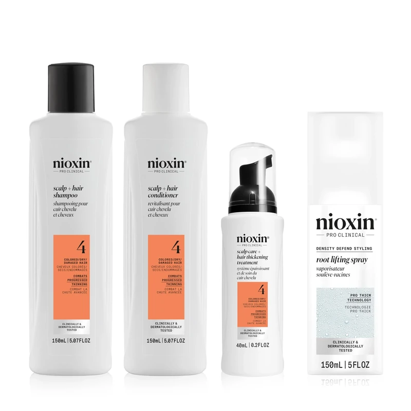 Nioxin Hair Thickening & Volumising Bundle – System 4 Shampoo, Conditioner & Scalp Treatment + Density Defend Hair Spray with Peppermint Oil for Coloured, Progressed Thinning Hair (150+150+50ml+150ml)