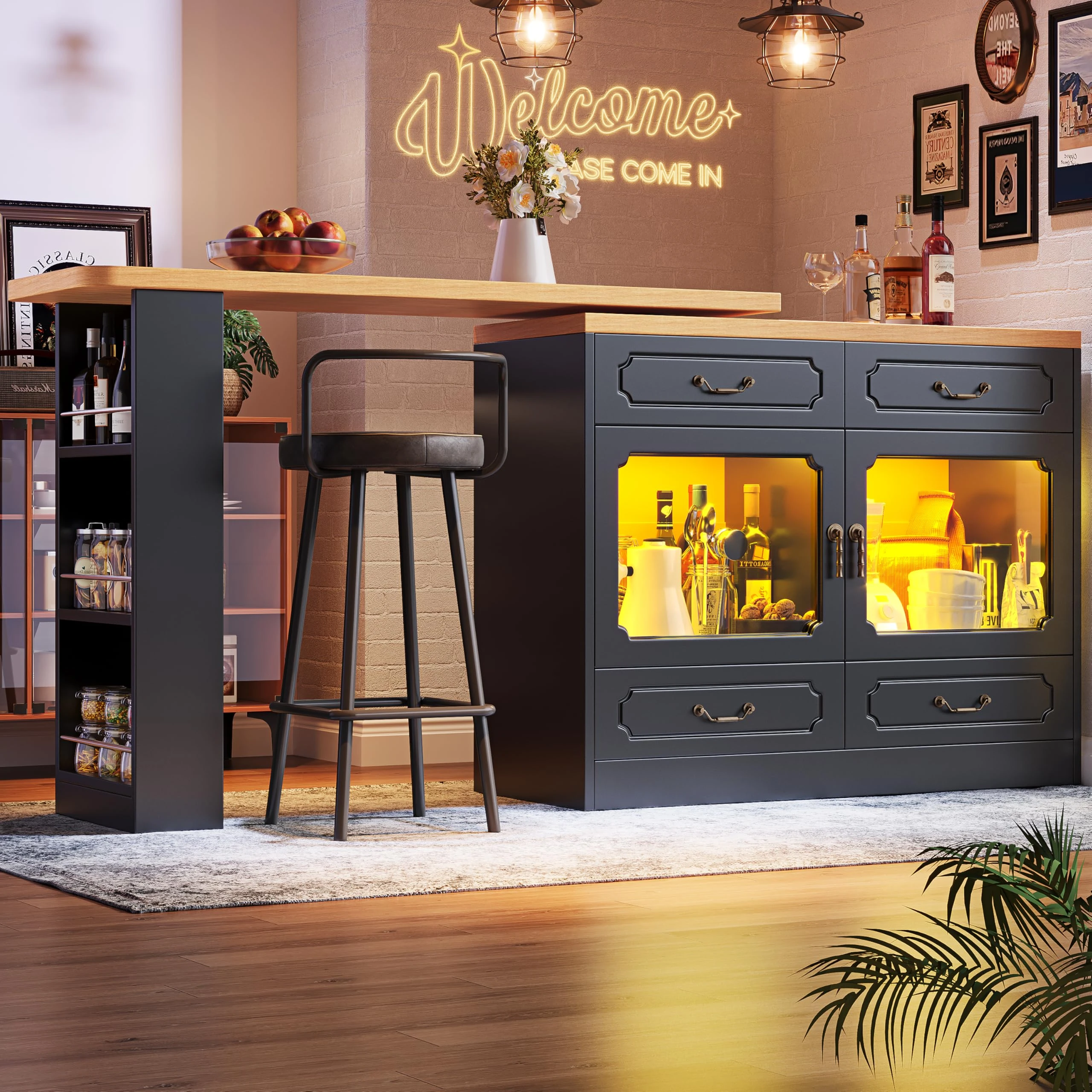 FammyLoft 360° Swivelling Bar Table with 2 Doors and 3-Tier Open Storage Space, Rotating Kitchen Bar with 4 Drawers, Modern Dining Table with Storage for Dining Room/Living Room, Black