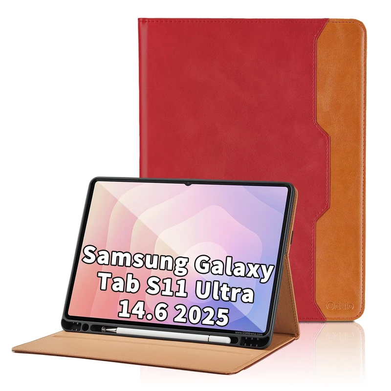 Case for Samsung Galaxy Tab S11 Ultra 14.6 inch 2025 SM-X930/SM-X936B/SM-X936N PU Leather Smart Cover with Pocket & Pencil Holder, Multi-Angle Viewing Stand Cover - Red