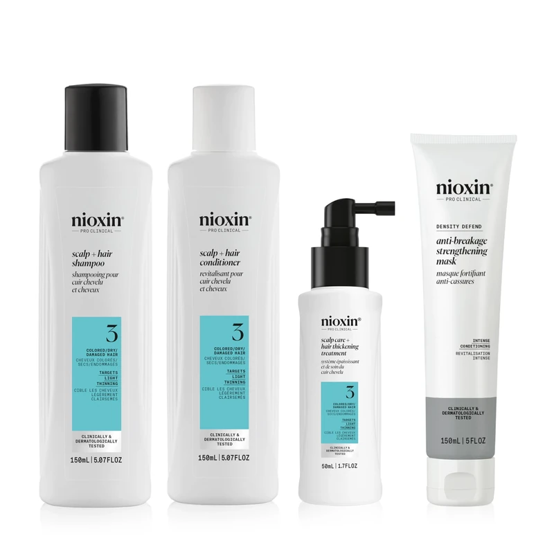 Nioxin Hair Thickening & Anti-Breakage Bundle – System 3 Shampoo, Conditioner & Scalp Treatment + Density Defend Hair Mask with Vitamin C for Coloured Hair with Light Thinning (150+150+50ml+150ml)