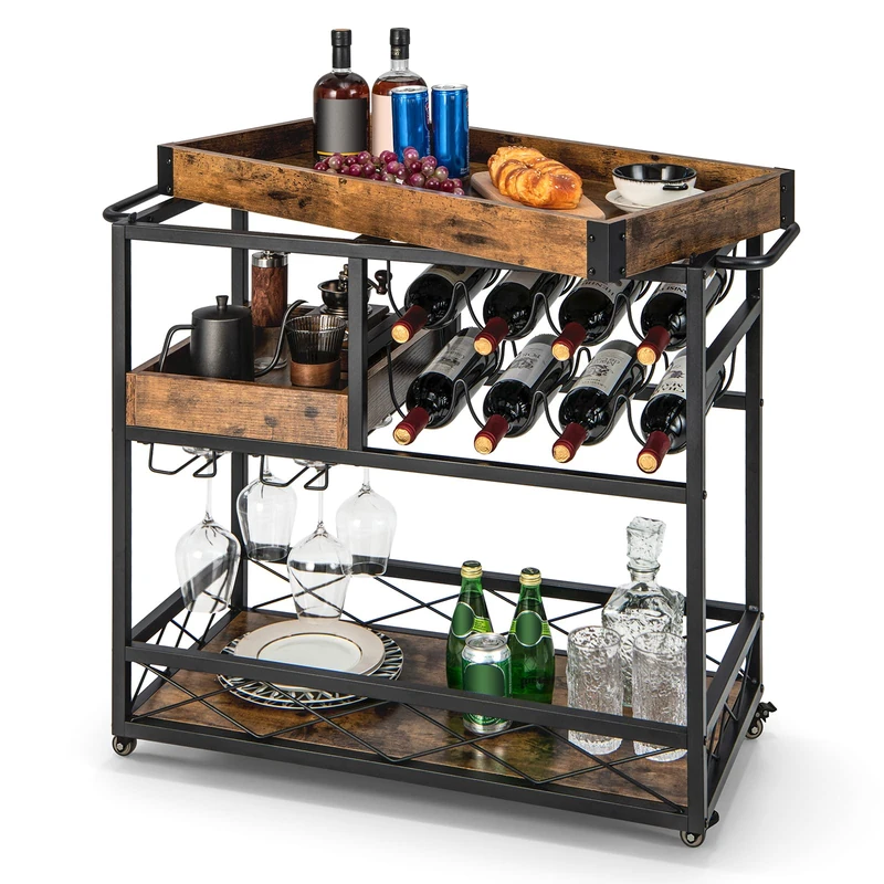 FANTASK 3 Tier Serving Trolley, Wooden Kitchen Trolley with Removable Tray, Bar Trolley with 2 Rows of Glass Holders and 8 Wine Racks, Vintage Trolley for Kitchen, Dining Room and Bar