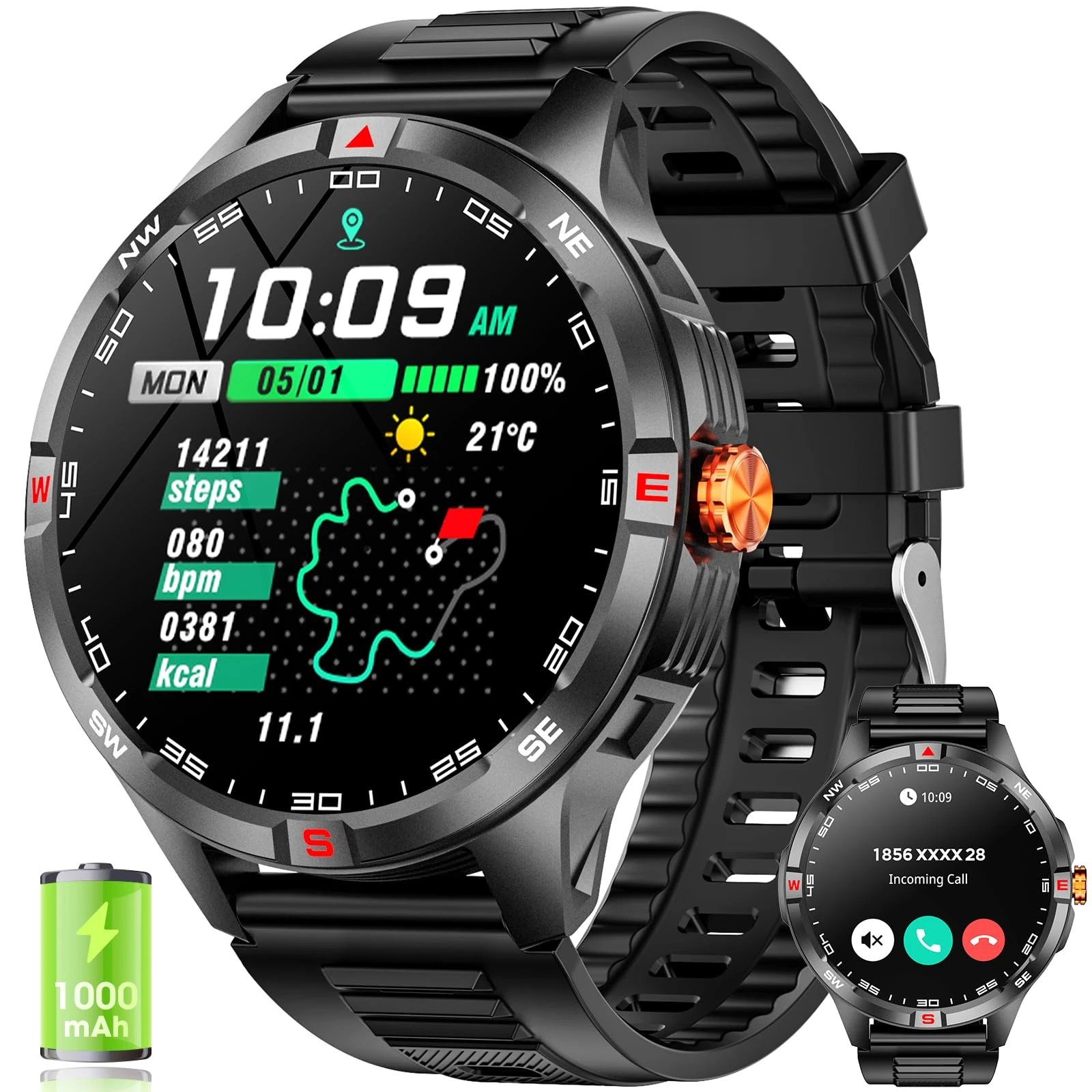 Haulvean Military Smart Watch for Men Answer/Make Calls,1.46''HD Fitness Watch with 1000 mAh Battery,IP67 Waterproof Fitness Tracker with 24/7 Heart Rate SpO2 and Sleep Monitor for Android iOS
