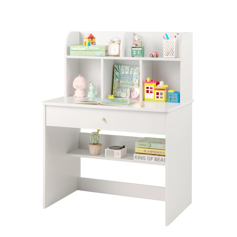 GYMAX Wooden Kids Desk, Children Study Table with Storage Shelf, Drawer and Hutch, Student Writing Desk for Reading, Studying, Drawing (White)