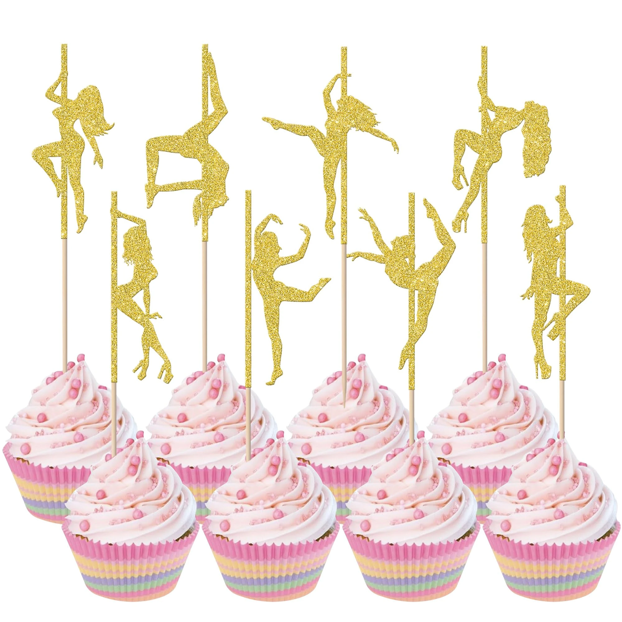 Xsstarmi 24 Pack Pole Dancer Cupcake Toppers Gold Glitter Stripper Cupcake Picks for Bachelorette Shower Gilrs Birthday Party Cake Decorations Supplies