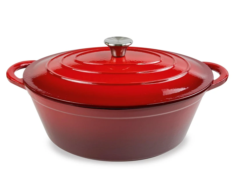 H&H Enamelled Cast Iron Oval Casserole Dish 26 x 34 cm, 2 Handles, Red, for All Hobs, Induction Compatible - Image 1