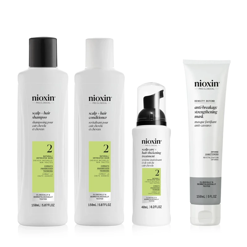 Nioxin Hair Thickening & Anti-Breakage Bundle – System 2 Shampoo, Conditioner & Scalp Treatment + Density Defend Hair Mask with Vitamin C for Natural, Progressed Thinning Hair (150+150+50ml+150ml)