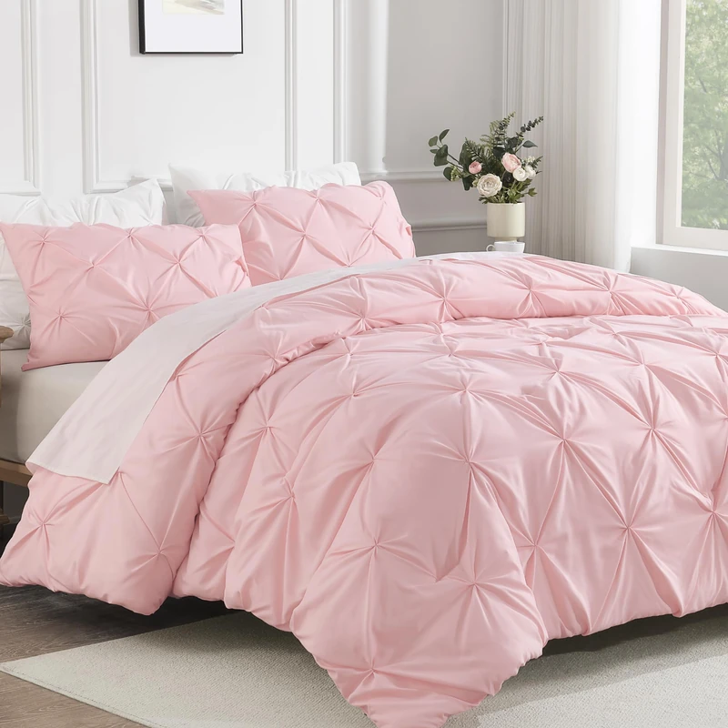 Andency Oversized Queen Pinch Pleat Pink Comforter Set 3 Piece Bedding