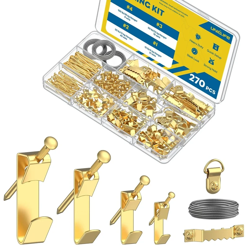 Uniclife 270 Pcs Heavy Duty Picture Hanging Kit, 4 kg, 13 kg, 22 kg, 45kg Picture Hanging Hooks with Nails, D Ring Picture Hangers Sawtooth Picture Hangers & Picture Hanging Wires with Screws