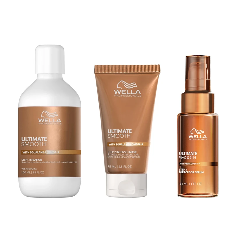 Wella Professionals Ultimate Smooth Hair Bundle – Shampoo, Hair Mask & Miracle Oil Serum with Squalane & Omega 9 for Dry, Dull & Frizzy Hair (100ml+75ml+30ml)