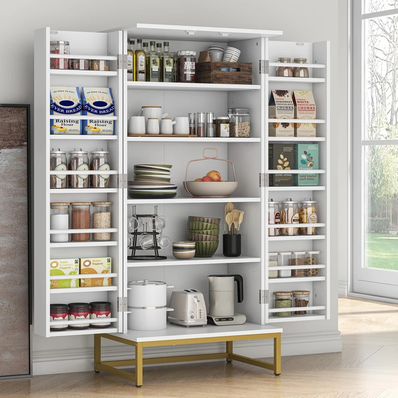 Feonase 51” Kitchen Pantry Storage Cabinet with Doors and Adjustable Shelves, Freestanding Pantry Cabinets, Buffet Cupboards Storage Cabinet for Home Office Use, White + Gold - Image 1