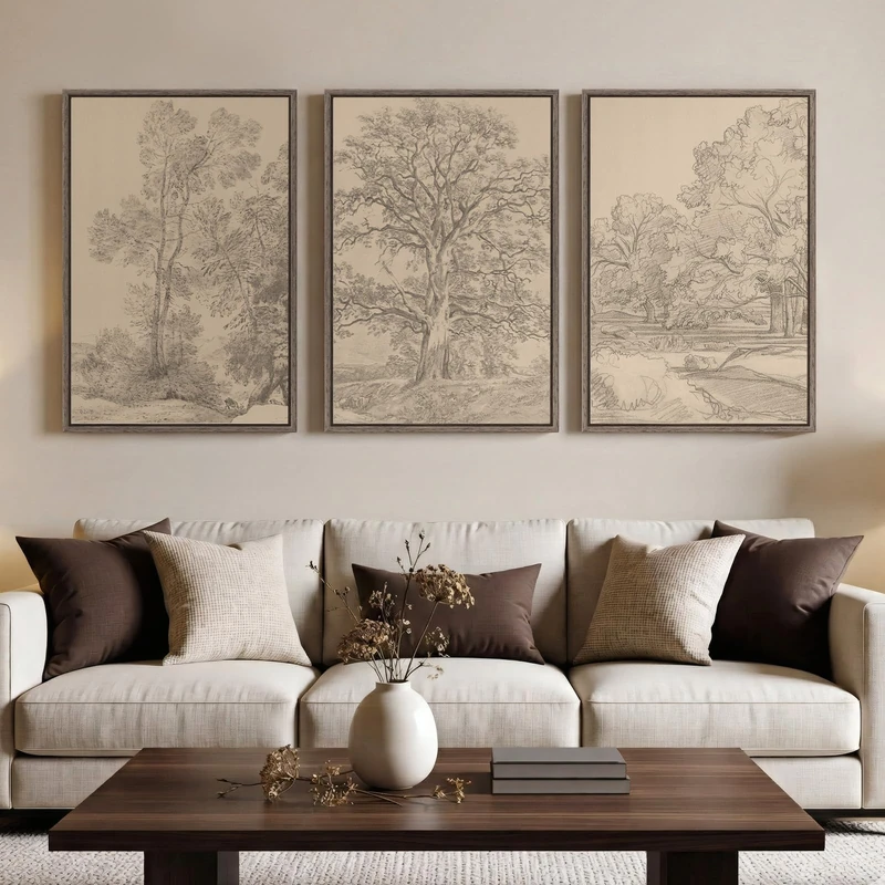 Framed Neutral Vintage Landscape Wall Art for Living Room, 3 Piece Large Tree Sketch Rustic Canvas Artwork for Walls, Brown Forest Wabi Sabi Farmhouse Wall Decor for Bedroom Hallway Office, 20x30 Inch