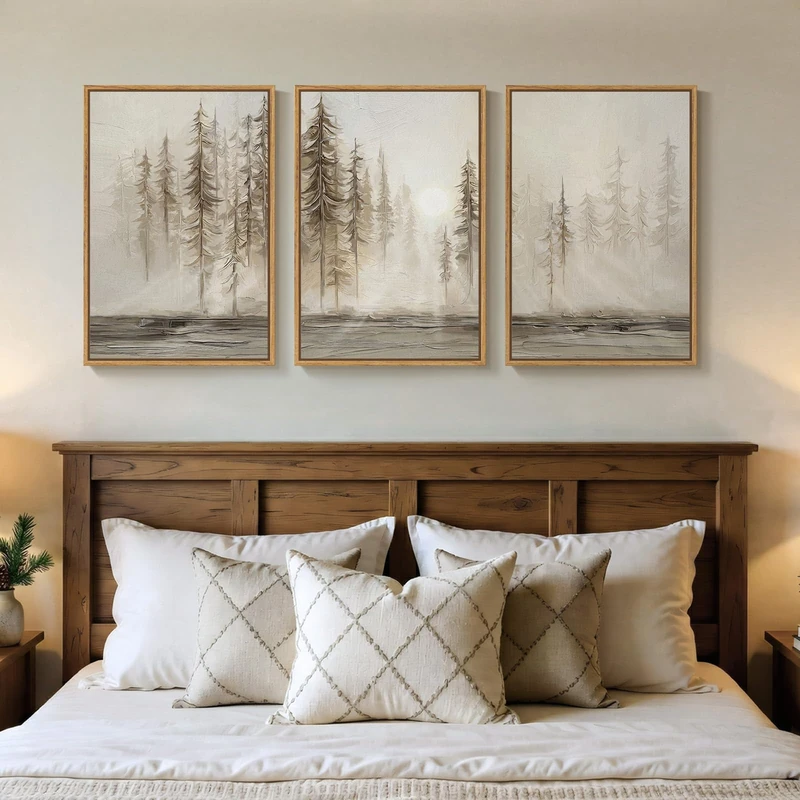 Framed Neutral Tree Set of 3 Wall Art for Living Room, Abstract Modern Rustic Landscape Beige Canvas Artwork for Walls, Nordic Misty Forest Farmhouse Wall Decor for Bedroom Hallway Office, 16x24 Inch