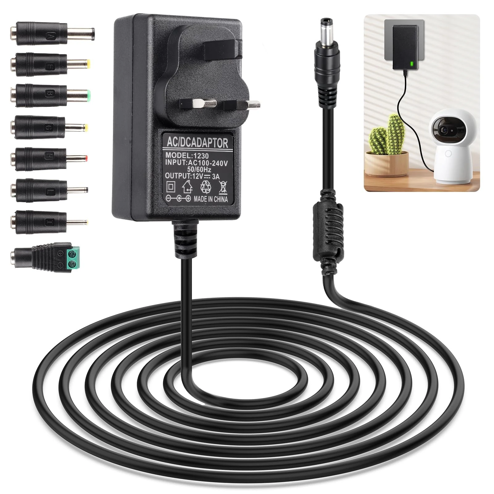 Universal Power Supply Cable Adapter UK 12V 3A 36W AC to DC Charger Cord 8 Replacement Tip for CCTV Camera LCD Monitor Alexa Routers LED Strips Dab Audio Radio TV Box 100-240V 50-60Hz 5.5x2.1mm