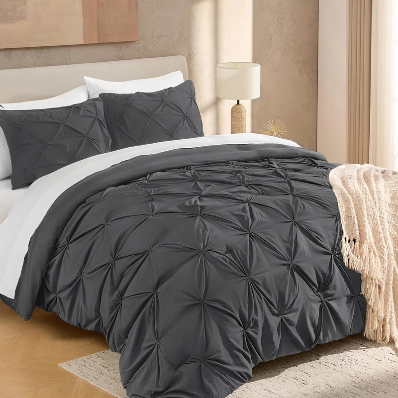 Andency Oversized Queen Pinch Pleat Dark Gray Comforter Set 3 Piece Bedding