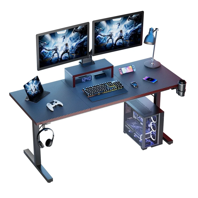 JUMMICO Gaming Desk 180 x 60 cm Computer Table PC Gaming Table with Cup Holder & Headphone Hook Carbon Fibre and T-shaped Black