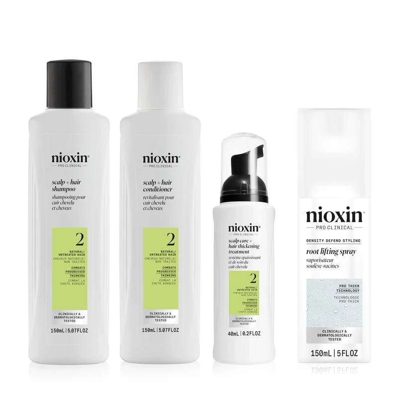 Nioxin Hair Thickening & Volumising Bundle – System 2 Shampoo, Conditioner & Scalp Treatment + Density Defend Hair Spray with Peppermint Oil for Natural, Progressed Thinning Hair (150+150+50ml+150ml)
