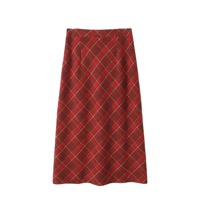 Women's Skirt High Waist Ab Red Skirt Vintage Woolen Plaid A-Line Long Skirt XL