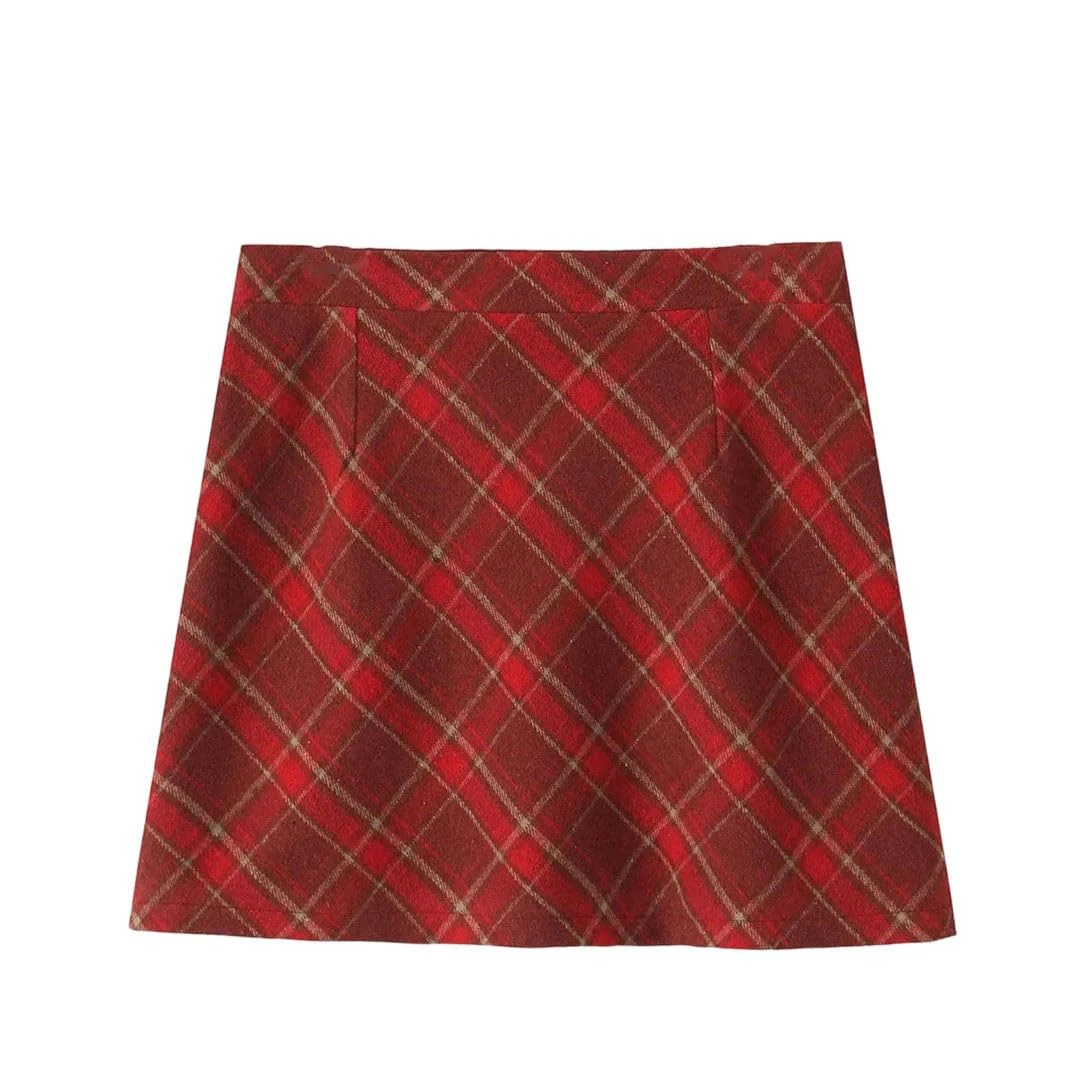 Women's Skirt High Waist Ab Red Skirt Vintage Woolen Plaid A-Line Mini Skirt XL