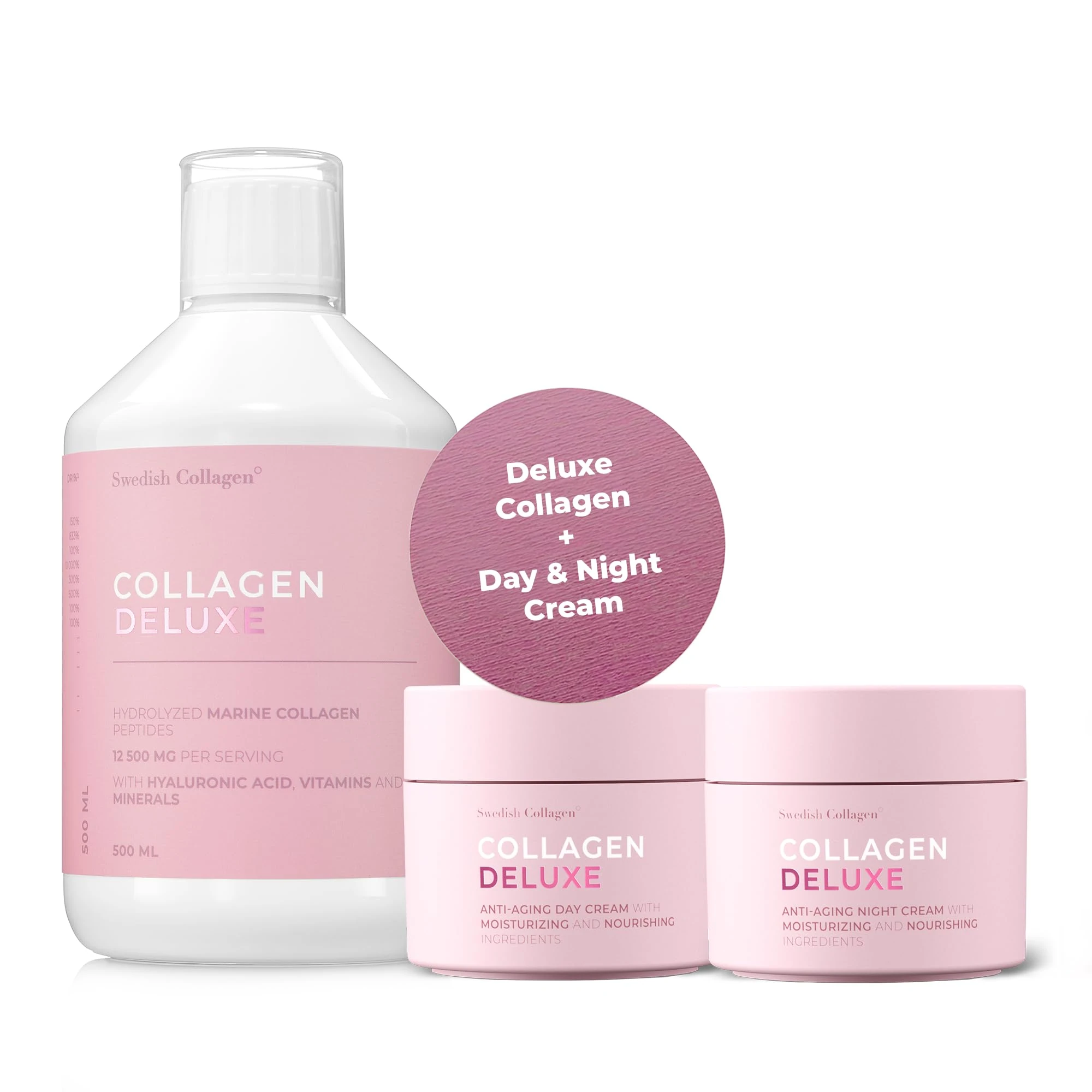 Swedish Collagen Deluxe - Hydrolysed Marine Collagen Liquid & Anti-Aging Day & Night Creams Bundle | Biotin Supplement & Retinol Face Moisturiser Treatments for Healthy Hair, Skin, Nails & Joints