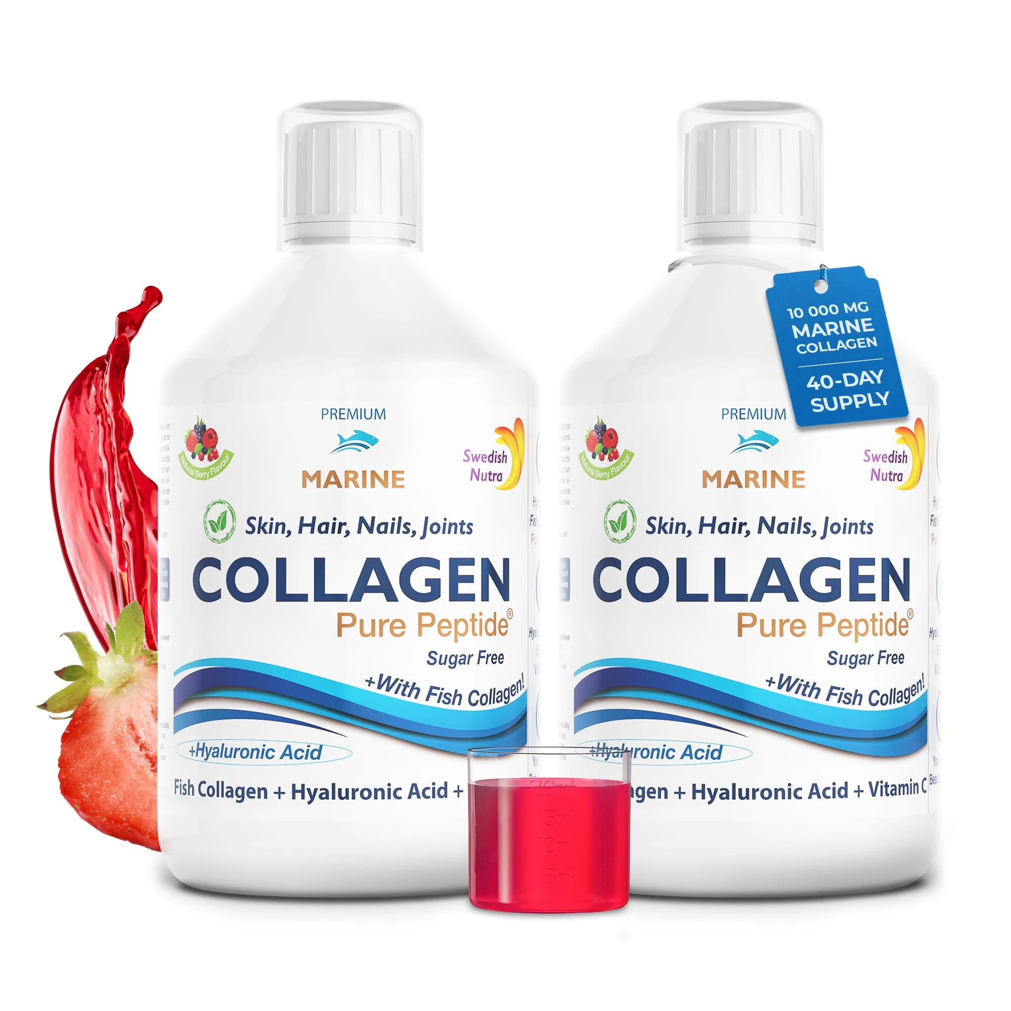 Swedish Nutra - Hydrolyzed Marine Collagen Liquid Supplement - Pack of 2 x 500 ml, 40 Day Supply | Pure Peptide & Vitamins for Healthy Hair, Skin, Nails & Joints I 100% Natural Berry Flavour