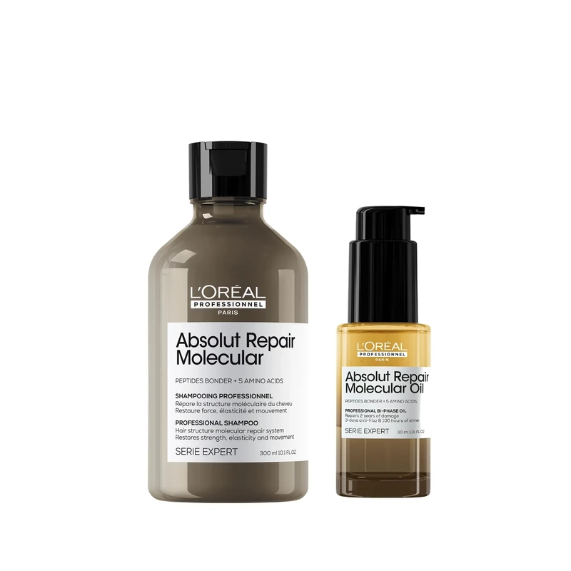 L'Oréal Professionnel Absolut Repair Molecular Shampoo 300ml & Bi-phase Hair Oil 30ml, for extremely damaged hair, bond repair, high shine, heat protection