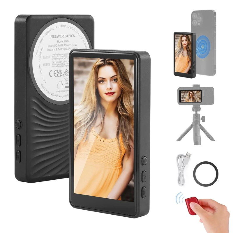 NEEWER Basics 4" Magnetic Vlog Selfie Monitor Screen, Wireless Phone Back Camera Monitor with Remote/1500mAh for YouTube TikTok, NOT Compatible with iPhone 17 Google Phone/4K Video Recording, M4B
