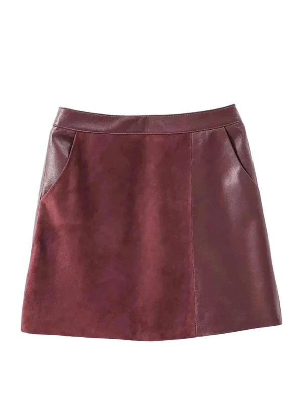 Women Spring High Waist High Street Patchwork Genuine Leather Sexy Mini Suede Skirt Burgundy