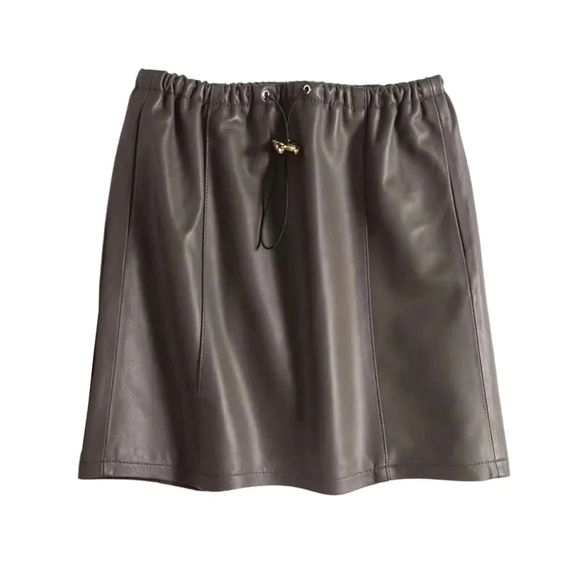 Women Spring South High Waist Elastic Waist Skirt High Street Genuine Leather Sexy Mini Skirt Brown