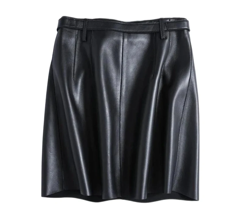 Women Spring High Waist Buttons Retro A-Line Skirt Belt Genuine Leather Sexy Mini Skirt Black