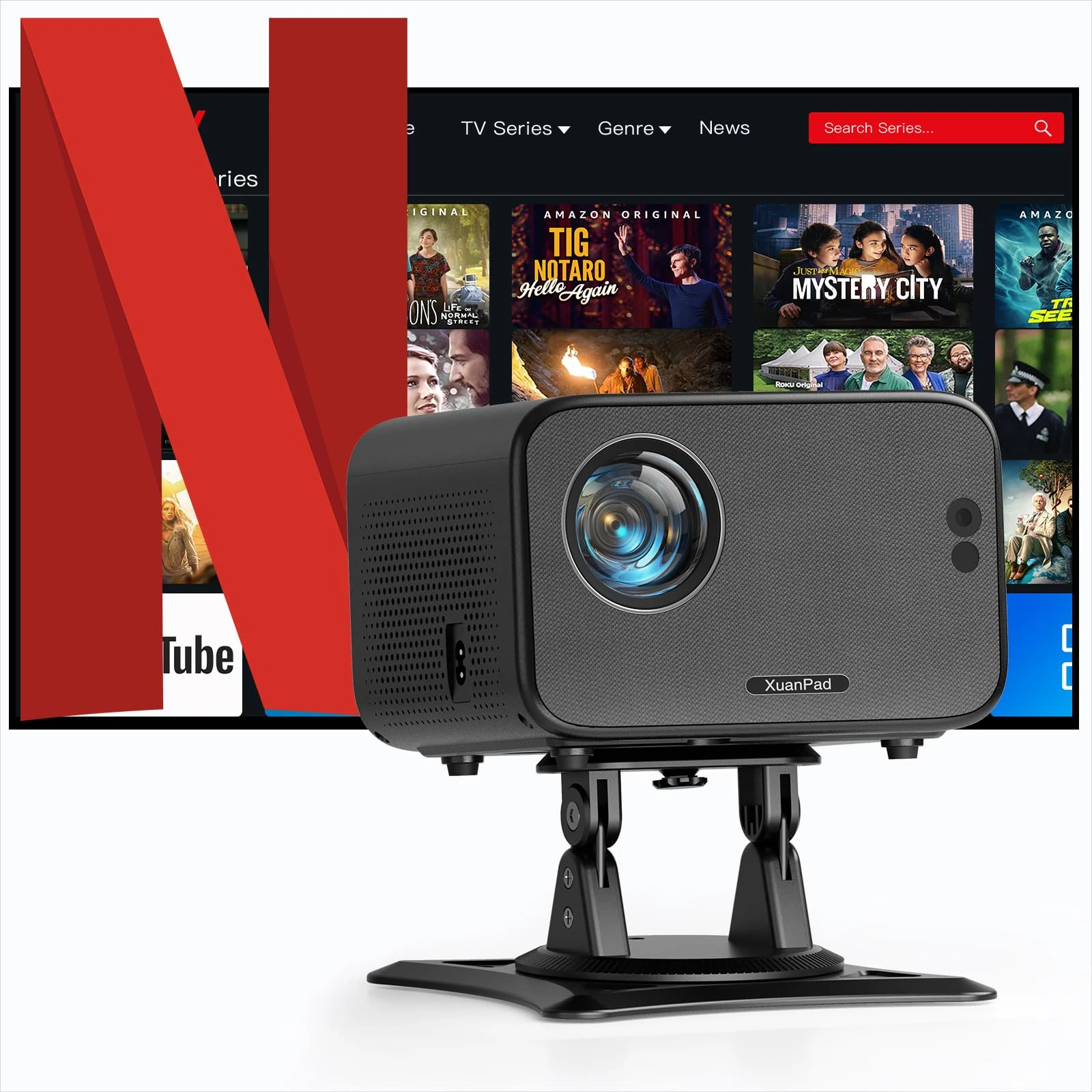 [Official Netflix & 20000L Auto Focus] Mini Projector – WiFi & Bluetooth, XuanPad 1080P Supported, Portable Projector with 210° Rotatable Stand, Auto Keystone, Dust Removal & Cooling Design