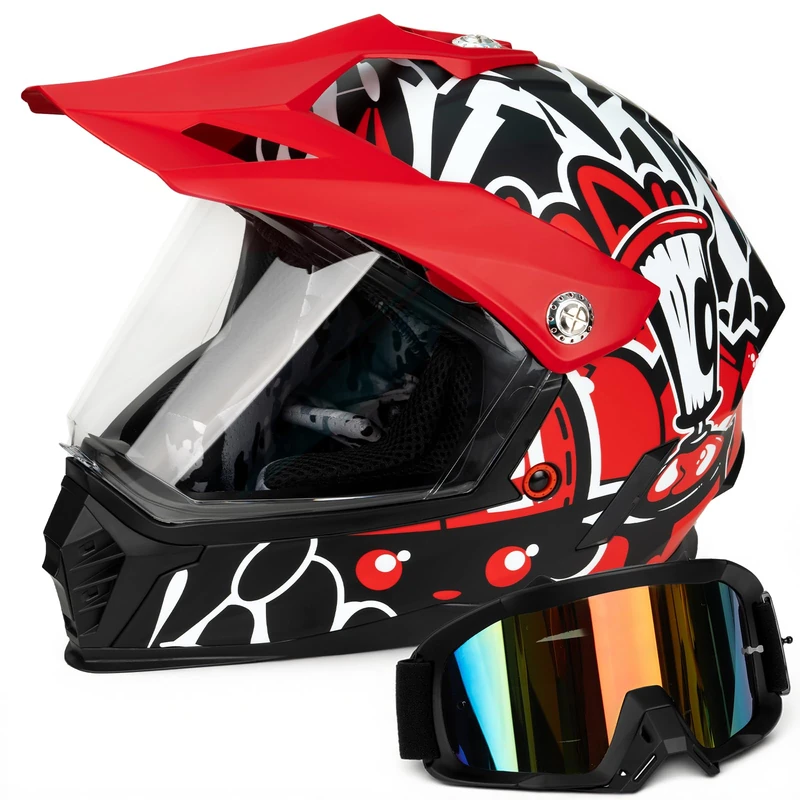 Favoto Dirt Bike Helmet Kids - Full Face, ECE Certified, with Visor & Sun Peak, Motocross & Go Kart, Boys & Girls Youth, Lightweight ABS/EPS, Removable Liner, Red/Black (M)