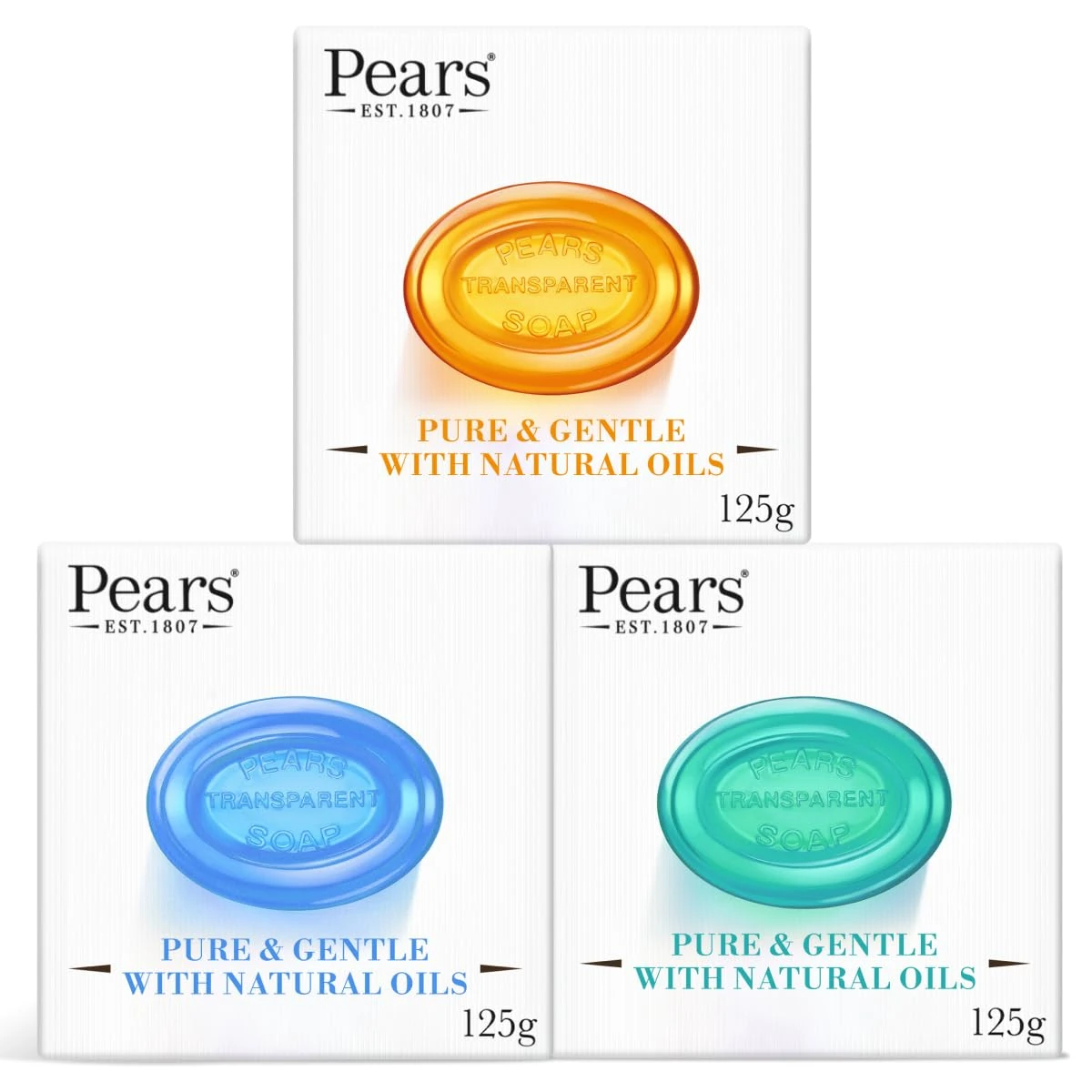 Pears Pure & Gentle Transparent Soap Bar 3 Pack (125g Each) – Natural Oils, Mint Extracts & Lemon Flower Extracts