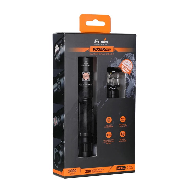 Fenix PD35R ACE Torch with CL01 Mini Lantern | 2000 Lumens | 380m | 720 Hrs Max | Selectable Mode Profiles | Rotating Charge Port Cover | Large Capacity 4000mAh Battery | IP68