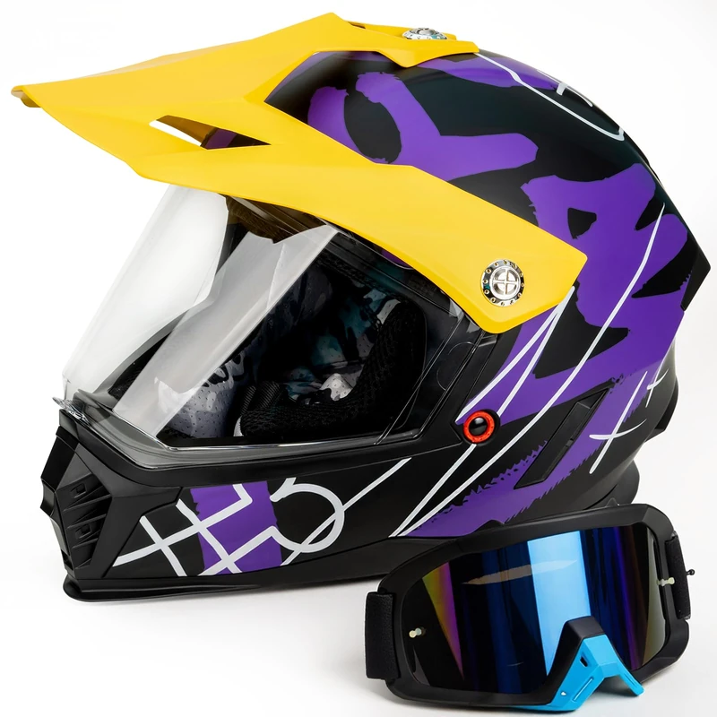 Favoto Dirt Bike Helmet Kids - Full Face, ECE Approved, with Visor & Sun Peak, ATV & BMX Off-Road, Boys & Girls Youth, Lightweight ABS/EPS, Removable Liner, Purple/Yellow (S)