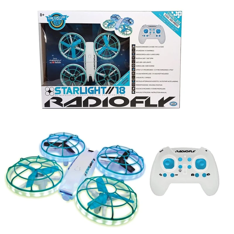 Radiofly - Starlight // 18 RC 2.4 GHz, Size 17 x 17 x 4.8 cm 8 Functions, Stop, Assisted Takeoff/Landing 3 Speed, Flip 360 LED Lights In 4 Rotors