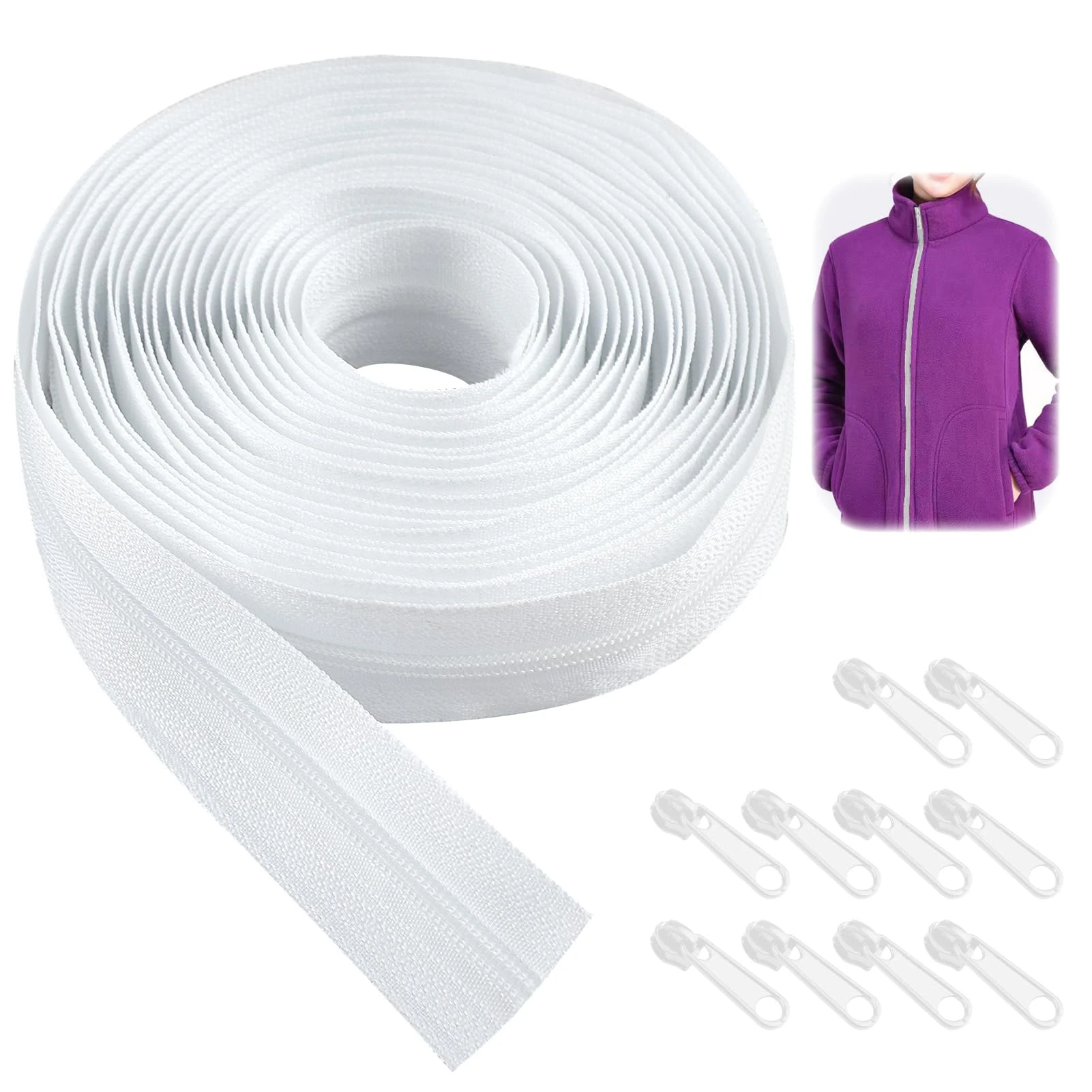 UIHRLM Continuous Zip, 5m Zippers for Sewing with 10PCS Zipper Sliders, 3# Heavy Duty Nylon Replacement Sewings Zipper for DIY Sewing, Bags, Crafts, Pillows, Purses, Dresses (White)