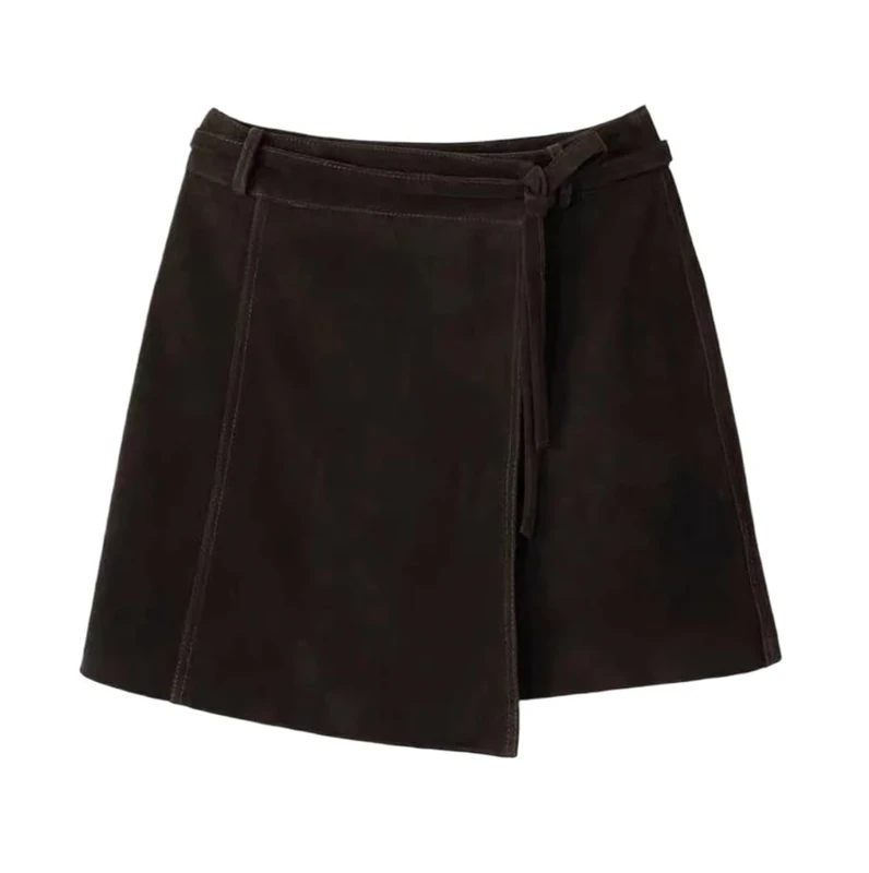 Women Autumn High Sheepskin Vintage Micro Skirt Suede Real Leather Sashes Mini Skirt