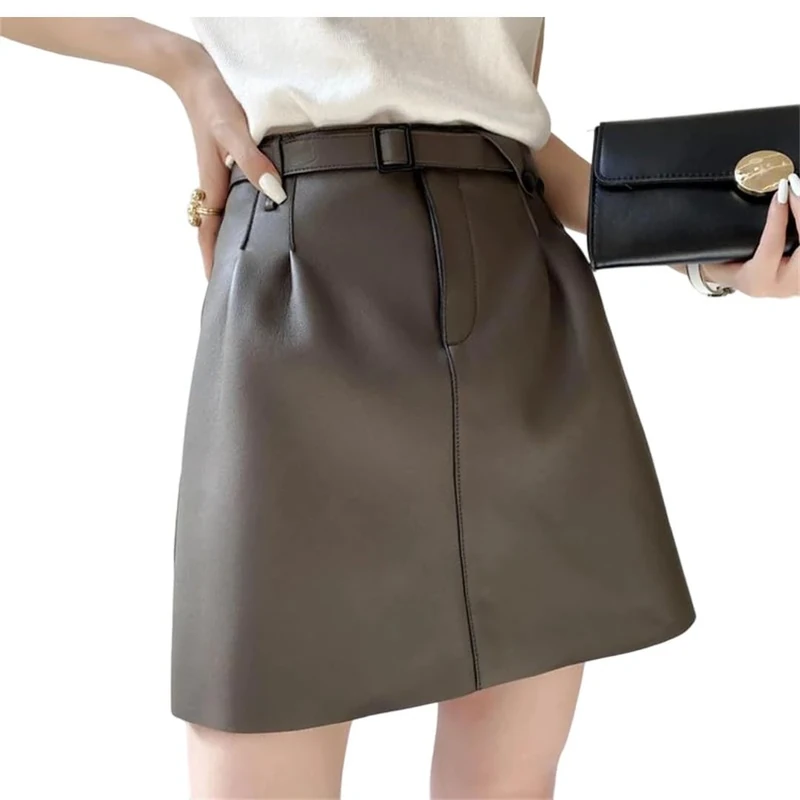 Women Spring High Waist Buttons Retro A-Line Skirt Belt Genuine Leather Sexy Mini Skirt Gray