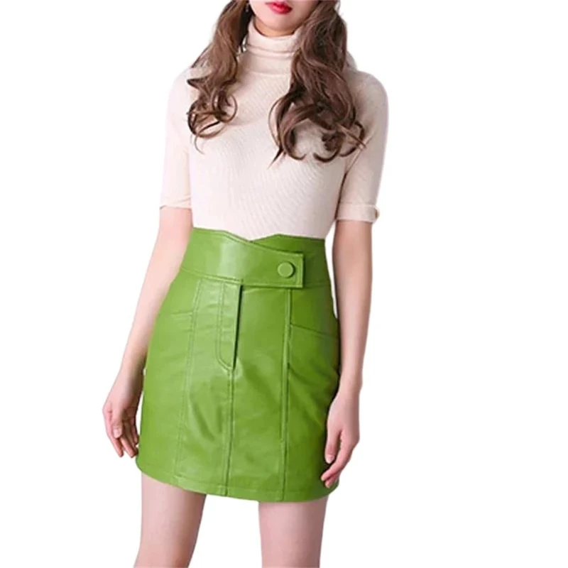Women's Spring Genuine Leather Short Skirt Ladies A-Line Slim Zipper Mini Skirt