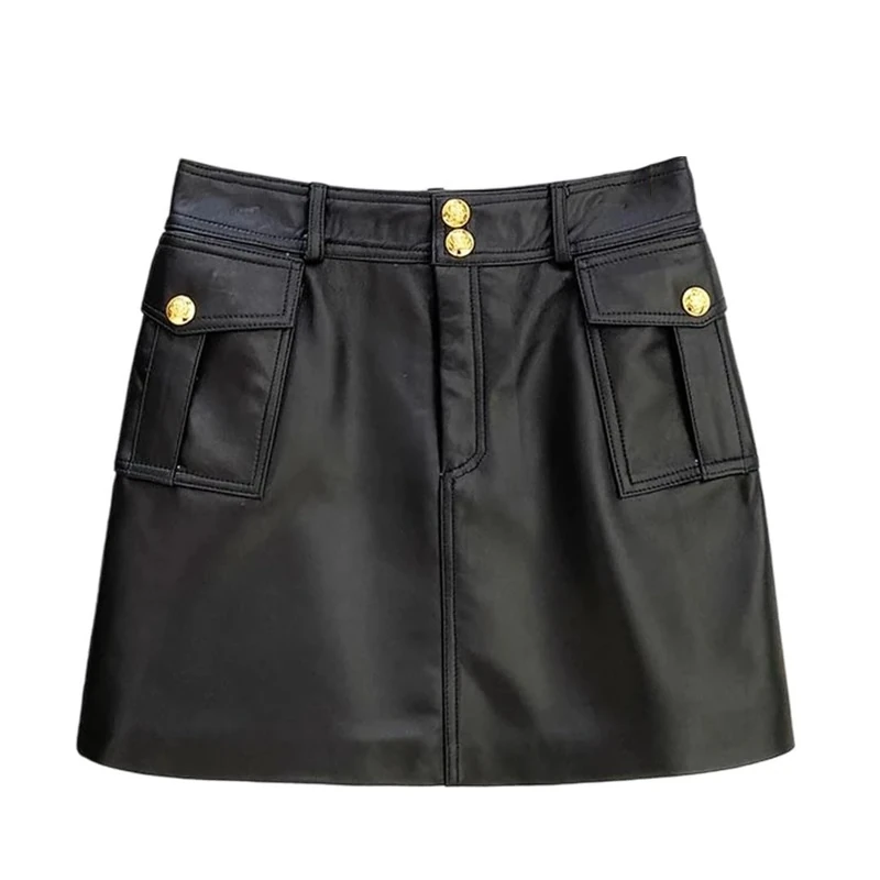 Women Spring Mid-Waist A-Line Skirt Sheepskin Short Mini Genuine Leather Skirts Black