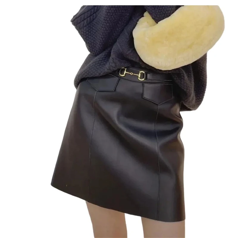 Women Spring High Waist A-Line Skirt High Street Belt Genuine Leather Sexy Mini Skirt Black