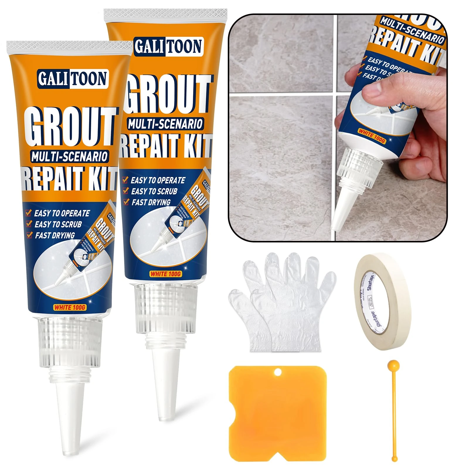 Tile Grout Repair Kit, Fast Drying Tiles Sealer Bathroom Shower Kitchen Floor, Restore and Renew Joints Line, Gaps, Replace Grouts Pen (White, 200G)