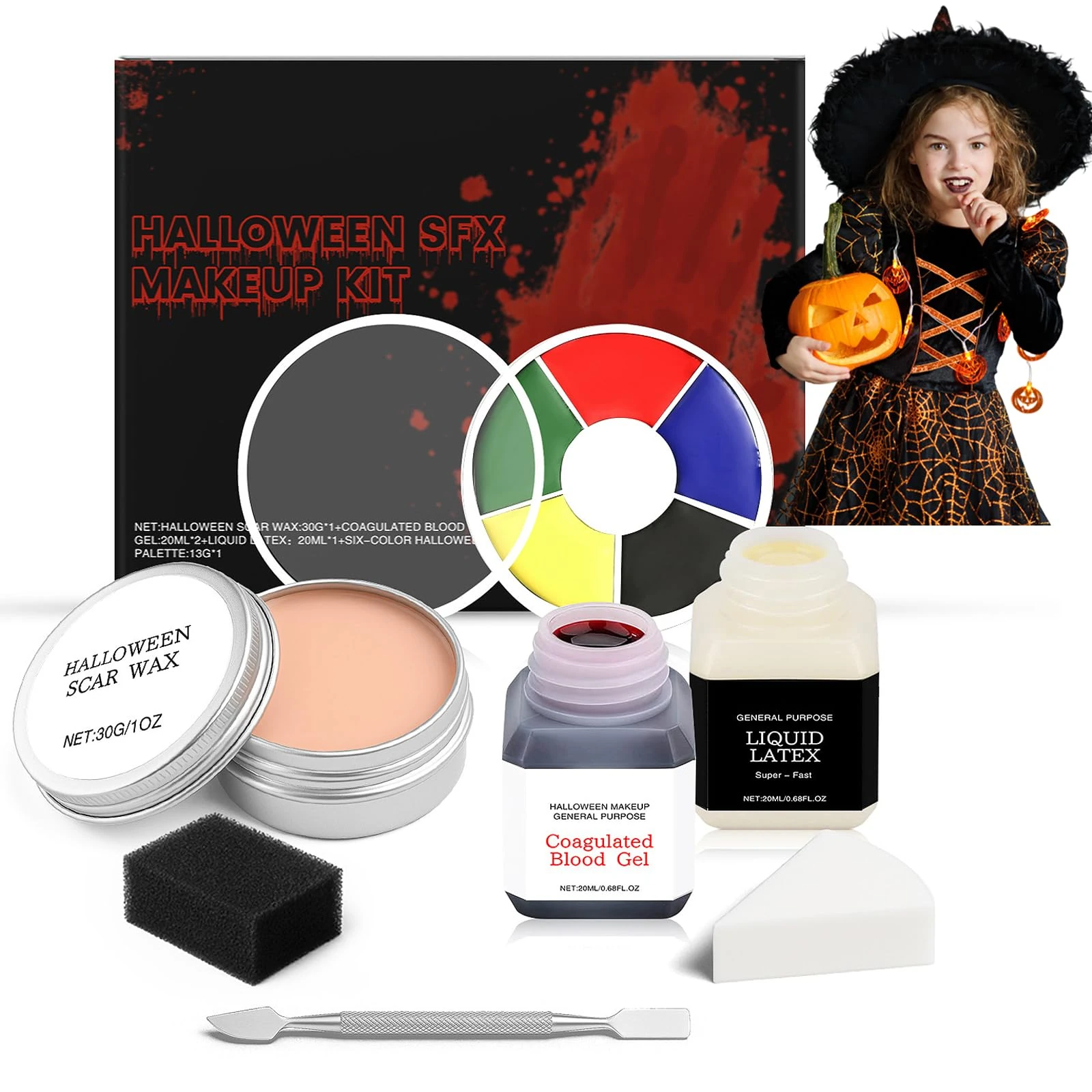 Halloween Face Paint Set - Halloween Liquid Latex Special Effects Sfx Make up Kit - Face Painting Kit for Fake Scar Wound Makeup,Scar Wax + Liquid Latex + Fake Blood + Spatula Tool + Stipple Sponge