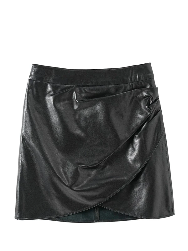 Women Sheepskin Short Sexy Front O-Shape Scratch Wrinkles Mini Leather Mini Skirt