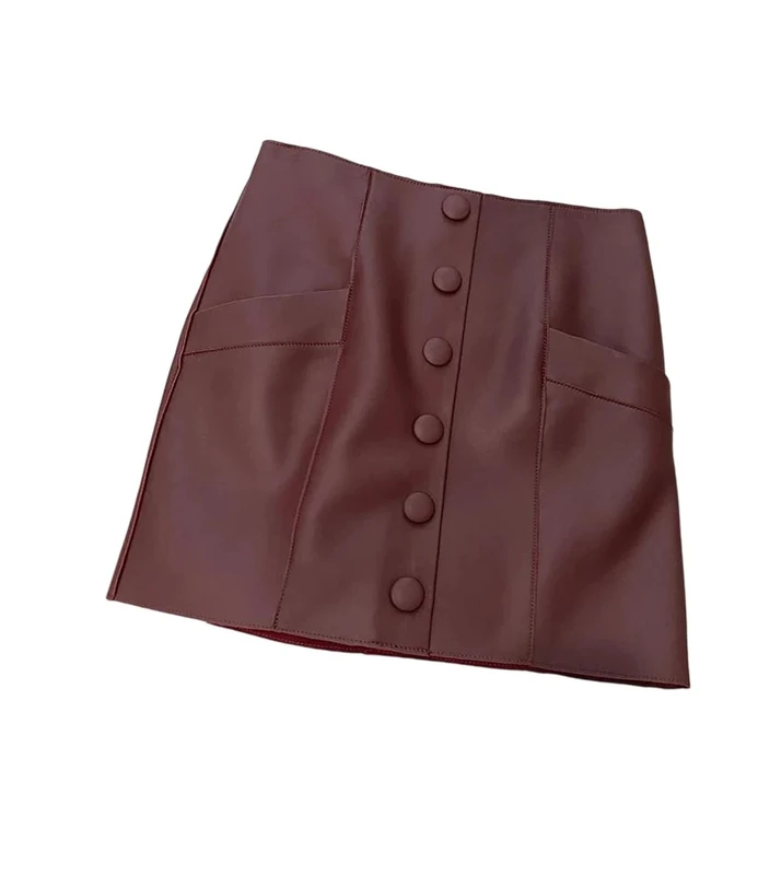 Women Summer Genuine Leather Skirt High Waist Sexy Ladies Mini Skirts Wine Red