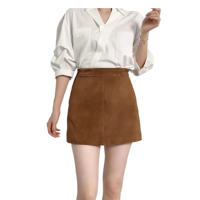 Women Spring Slim Fit High Waist Leather Skirt Retro Genuine Kid Suede Leather Skirt Mini Skirt