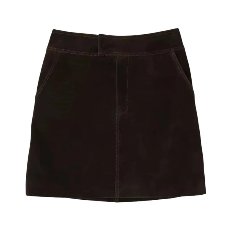 Women Autumn High Wide Waist Wrap Cargo Retro Suede Leather Mini Skirt Short Dark Brown